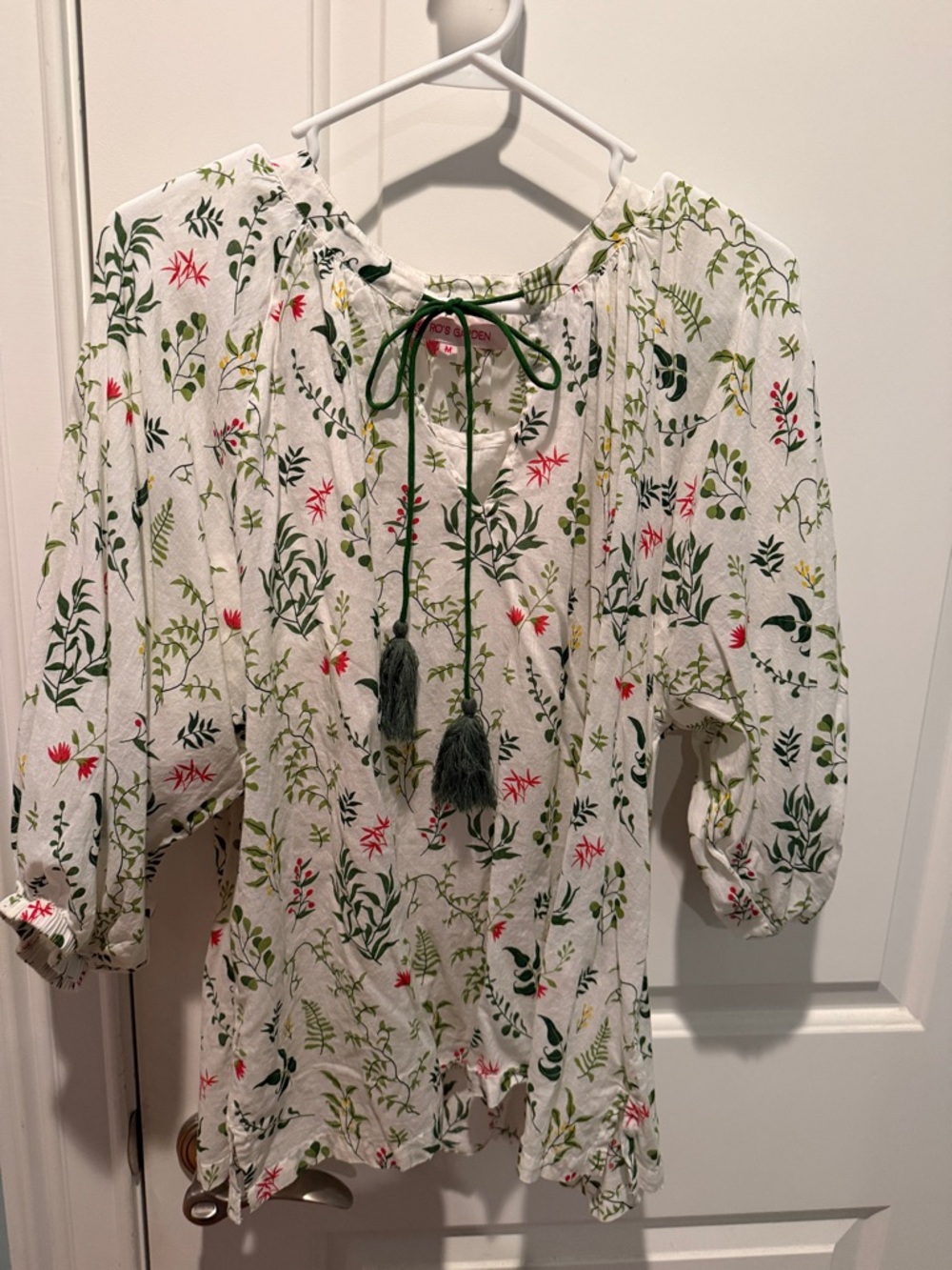 White Floral Peasant Blouse with Green Tassel Tie